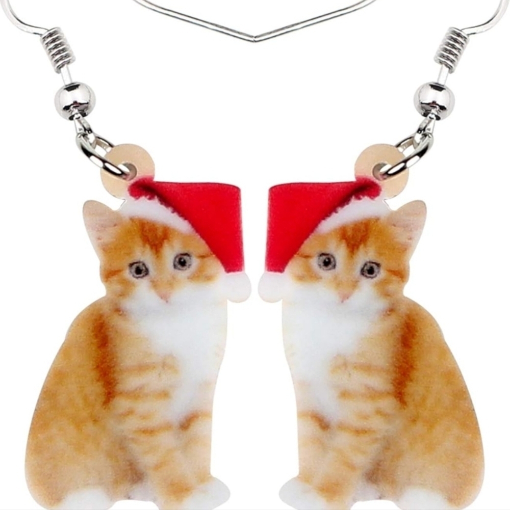Women's jewelry festive holiday orange kitten in Santa hat dangle earrings